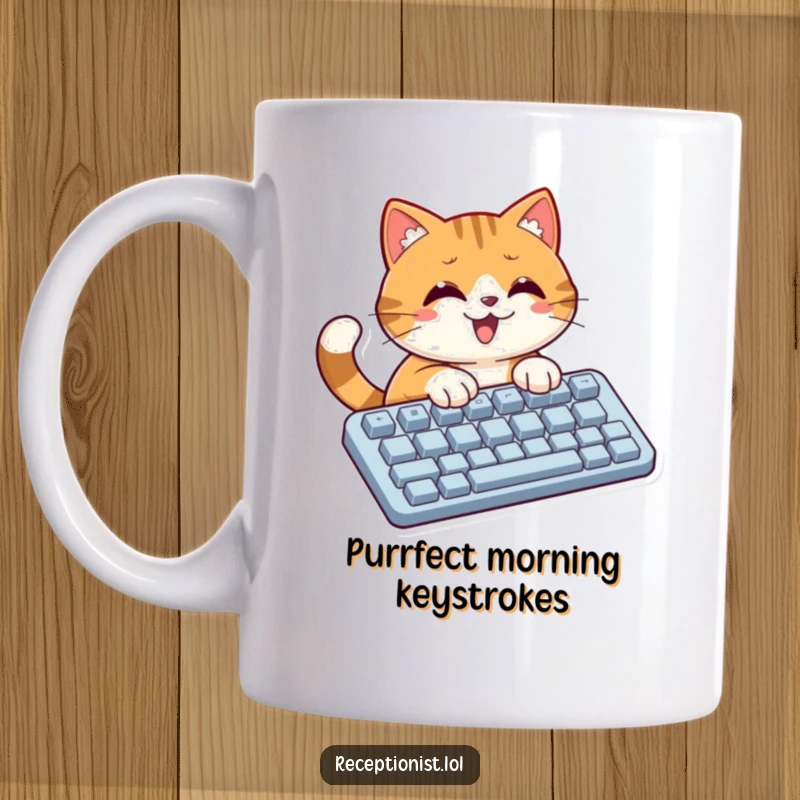 Funny cat typing rapidly on a giant keyboard, eyes wide with concentration, ideal for a programmer or cat enthusiast gift.