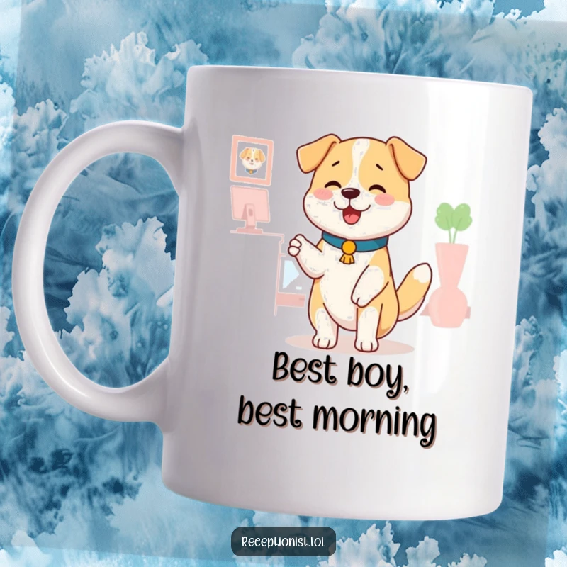 Funny dog receptionist mug, a happy wagging tail dog offering a comforting pat to an unseen guest, heartwarming and humorous.