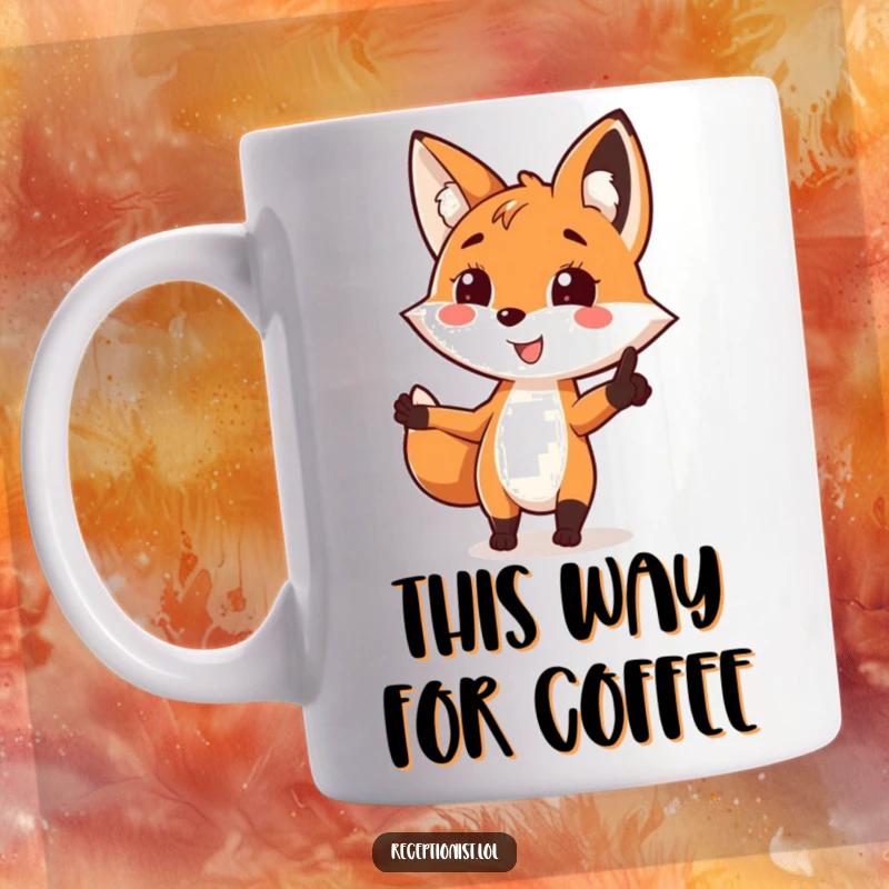 Funny fox guiding mug, pointing clearly with a smile, showing a playful and helpful directional gesture, great for coffee lovers.