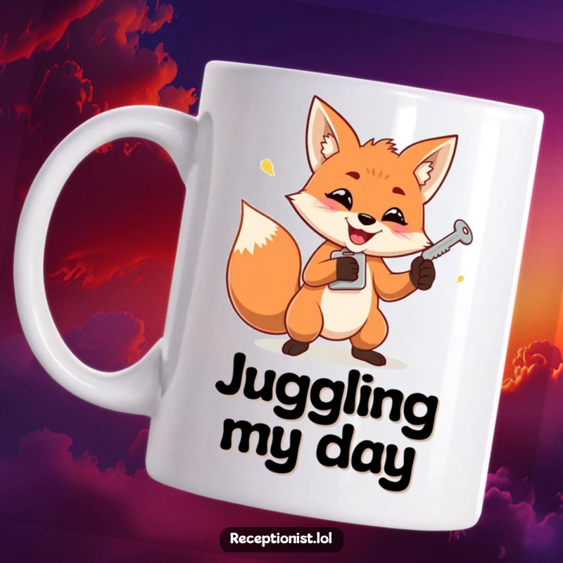 Funny mug with a determined fox grinning mischievously while juggling keys, perfect for a clever gift.