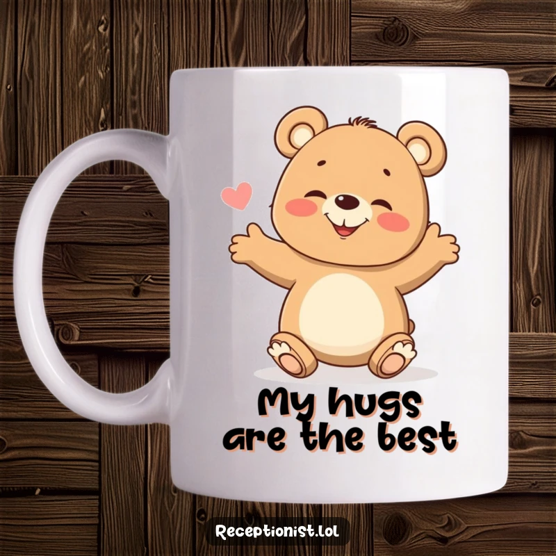 Funny Mug featuring a joyful bear cub with arms wide open, giggling heartily to greet visitors with pure, unadulterated happiness.
