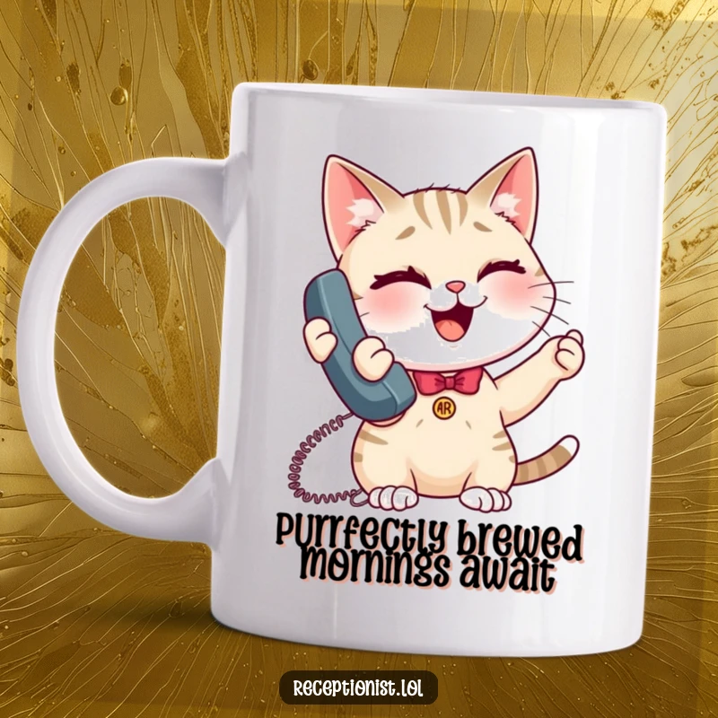 Funny giggling cat receptionist mug, holding phone, winking playfully, expressing pure joy and mischief. Ideal for cat enthusiasts.