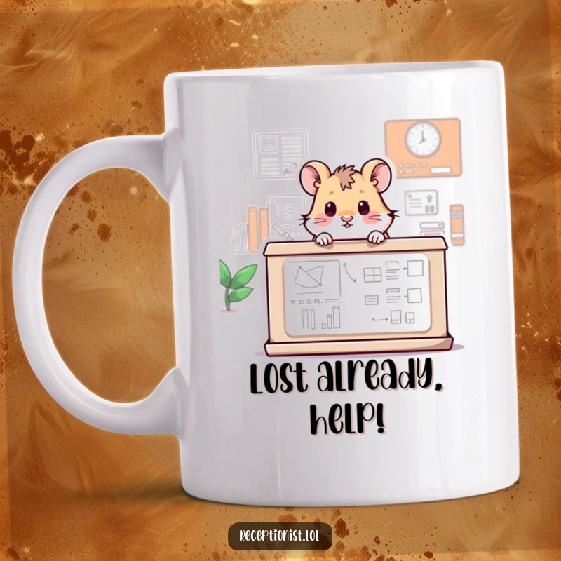 Funny mug featuring a tiny, curious hamster peeking playfully over a large information desk, bringing smiles and laughter.