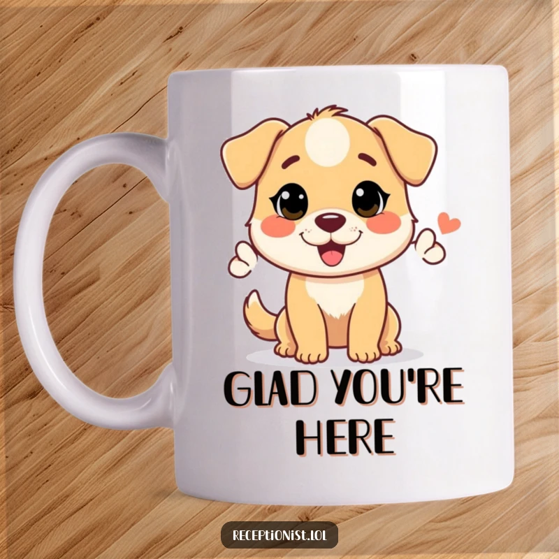 Funny mug with a cheerful dog character giving a warm, welcoming nod, symbolizing friendliness and hospitality.