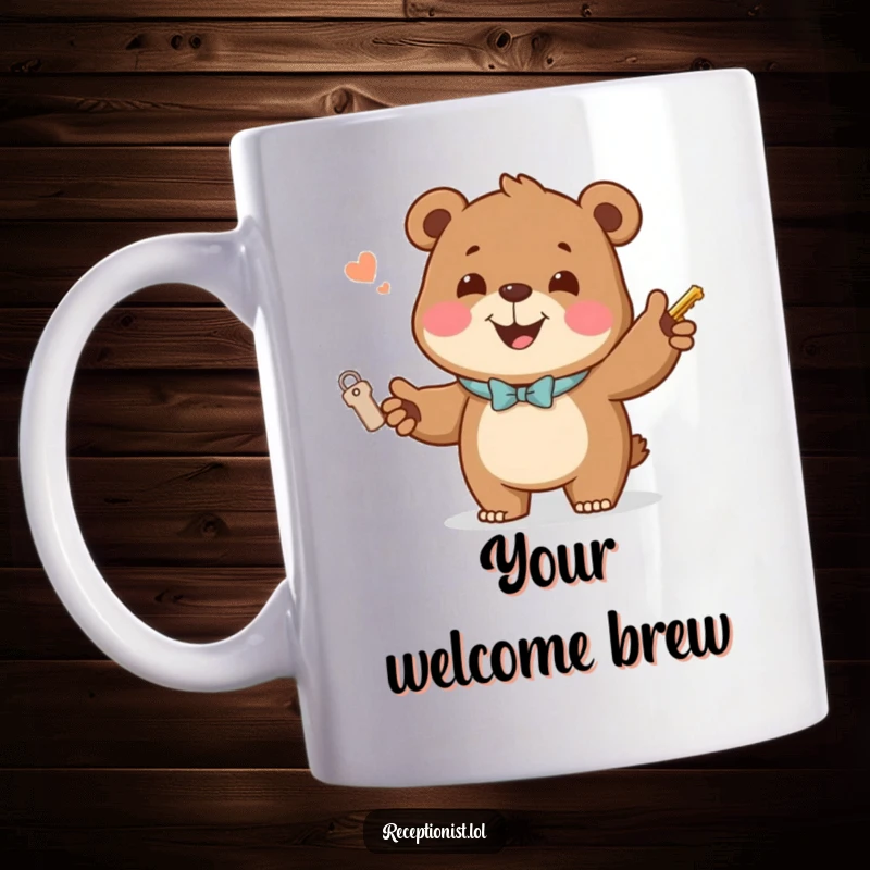 Funny Mug of a jovial bear handing out room keys with a welcoming smile and a gentle nudge, humorous hotel gift.