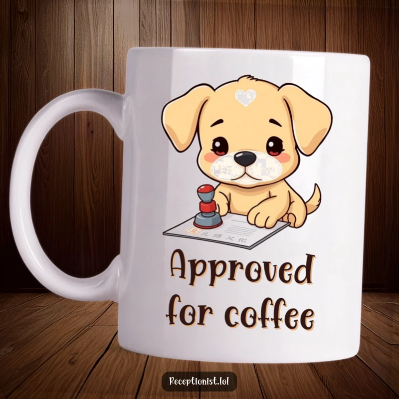 Funny puppy stamping document mug, focused expression, holding an official stamp, conveying determination and cuteness.