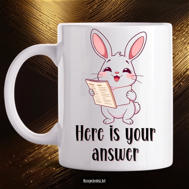 Funny cartoon rabbit smiling happily while holding a large directory book, embodying helpfulness, perfect for organization lovers, funny mug.