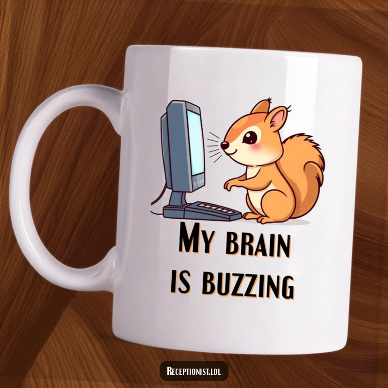 Funny mug showcasing a determined squirrel intensely focused on a blinking computer screen, perfect for tech lovers.