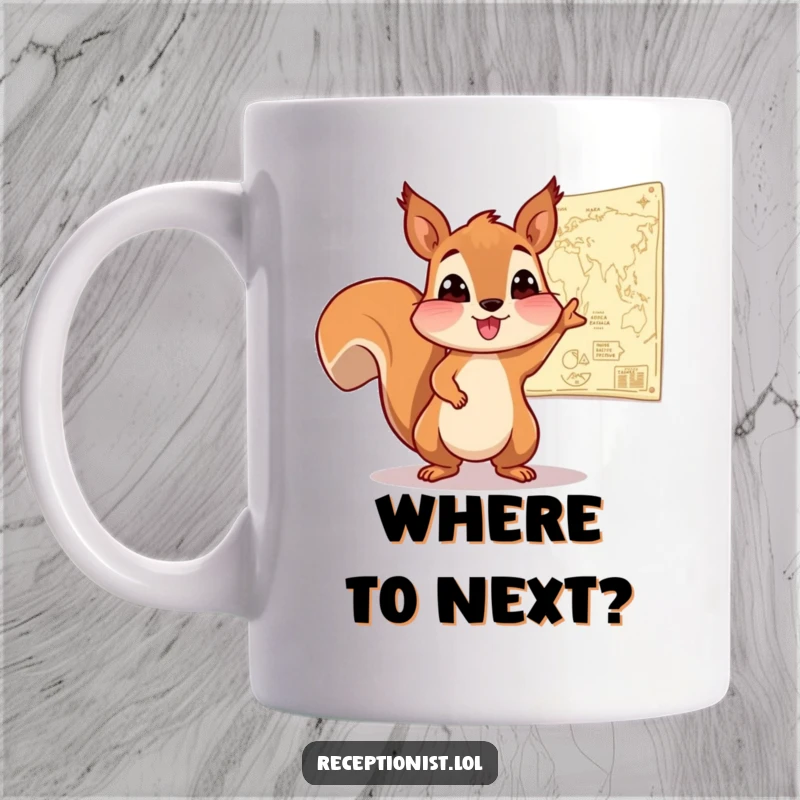 Funny Squirrel Explorer Mug showing an enthusiastic squirrel pointing to a map on the wall, perfect for travel lovers and humor enthusiasts.