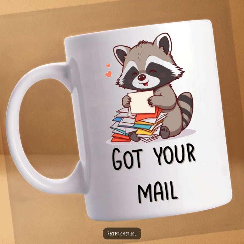 Funny Raccoon Mail Sorter Mug featuring a playful raccoon sorting colorful mail with a cheerful hum, perfect for humorous organization.