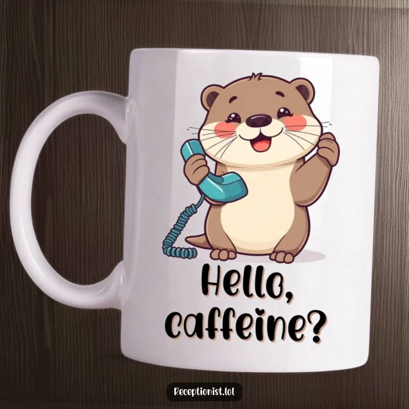 Funny Otter Mug depicting a happy otter enthusiastically answering a ringing phone with its paw to its ear.