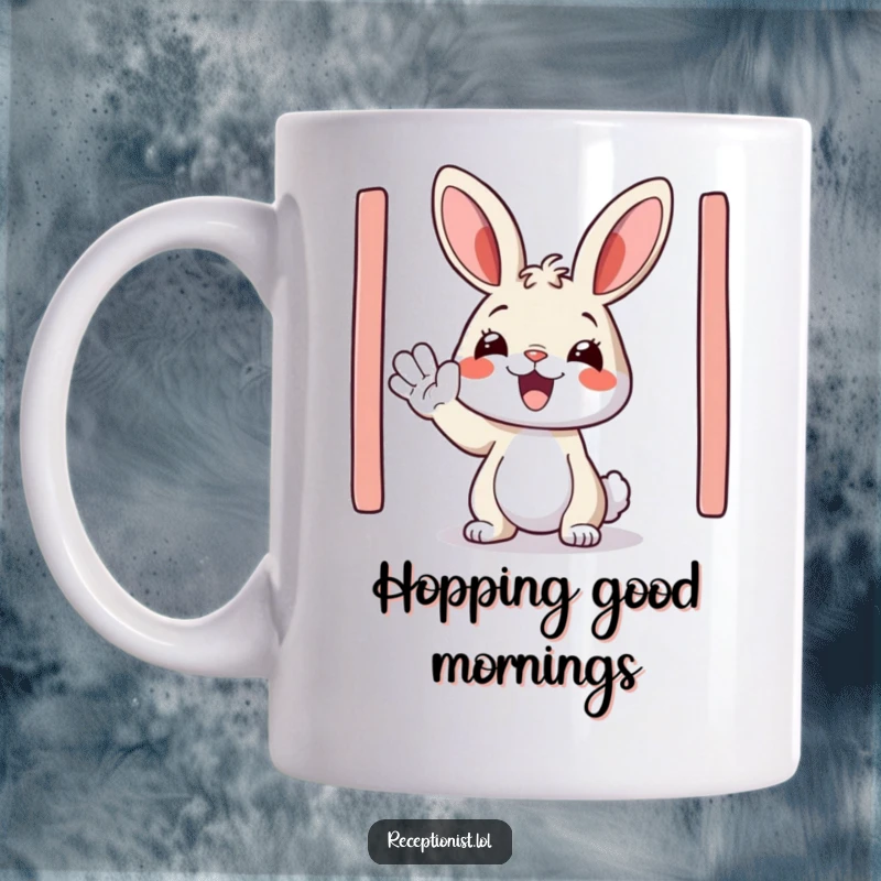 Funny mug featuring a happy bunny enthusiastically waving a guest in, perfect for welcoming anyone with cheer.
