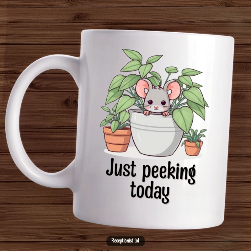 Funny mug with a timid mouse character peeking out from behind a large green potted plant, conveying shyness.