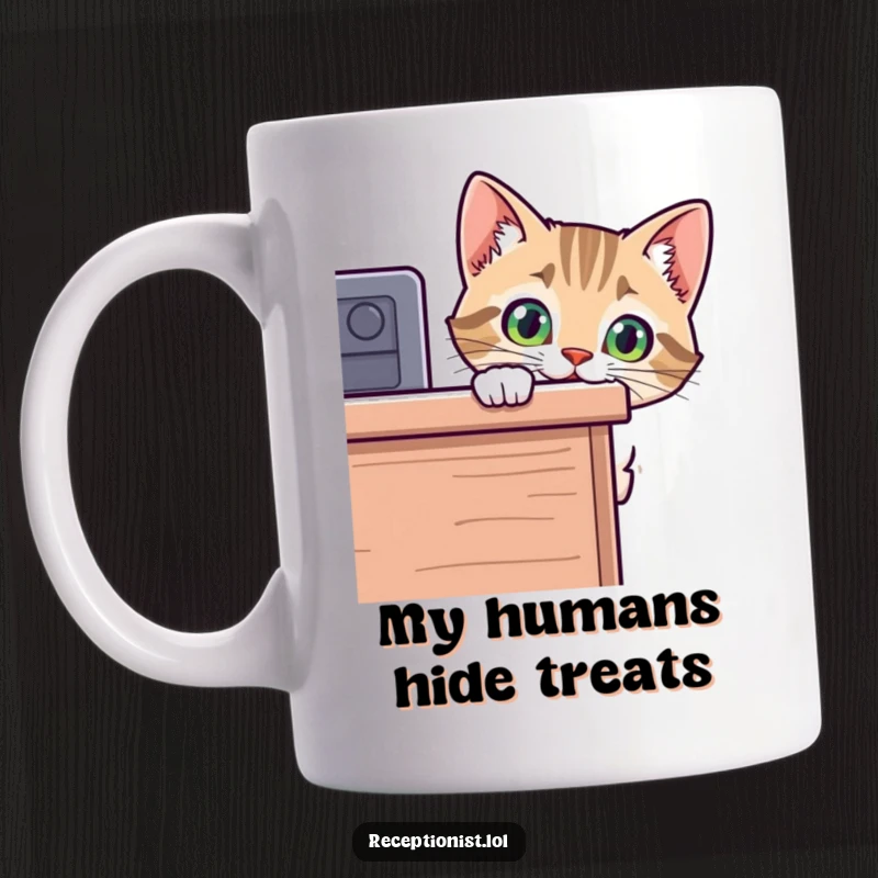 Funny cat mug featuring a curious kitty peeking around a desk, its eyes wide with playful mischief, a delightful surprise for any cat owner.