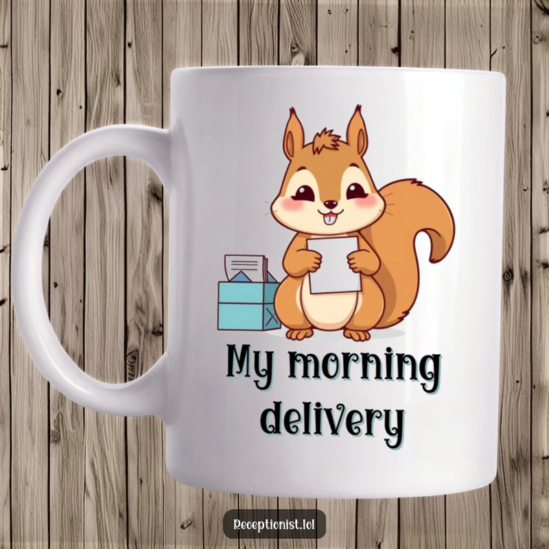 Funny Mug of a diligent squirrel sorting mail with precise movements and a satisfied grin, humorous postal worker gift.