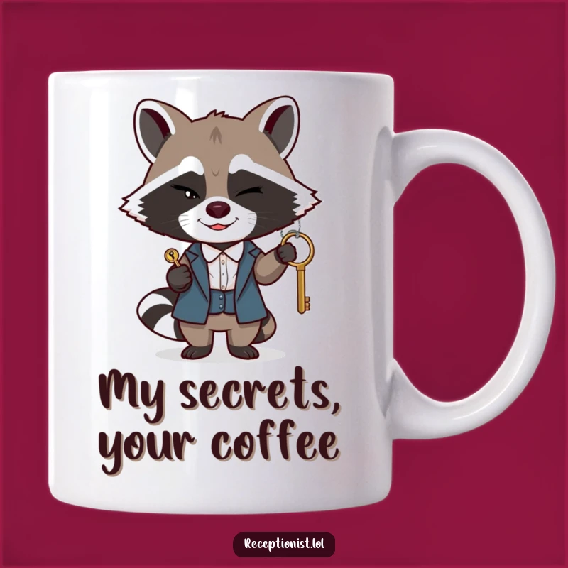 Funny Raccoon Receptionist Mug: Winking Key Pass, Sly Smile, Perfect Funny Gift