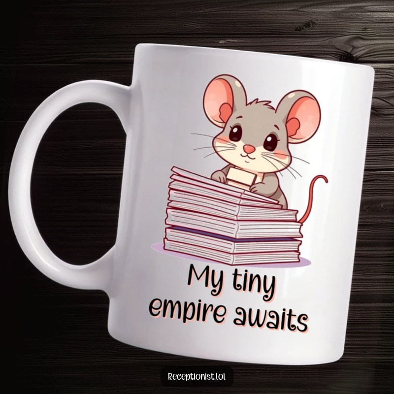 Funny mouse in office attire with a name tag, meticulously organizing papers on a mug, conveying a humorous sense of order.