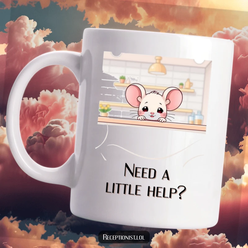 Funny mouse mug, a tiny mouse character peering over a large counter with a friendly, curious glimmer in its eyes.