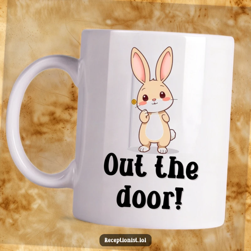 Funny mug featuring an excited rabbit enthusiastically pointing towards an open door, signifying curiosity and adventure.