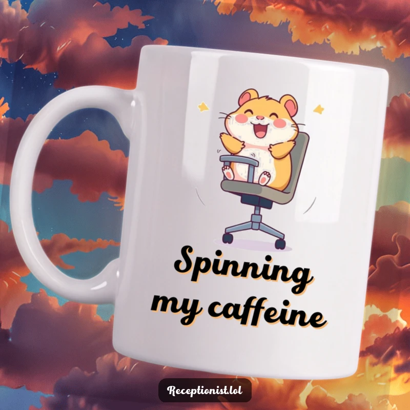 Funny giggling hamster spinning wildly in an office chair on a mug, embodying pure, unadulterated joy.