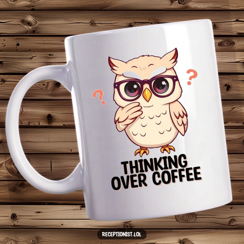 Funny thoughtful owl adjusting glasses while considering a query, perfect for a funny mug.