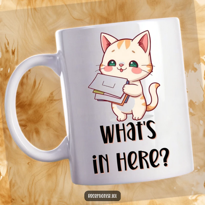 Funny Cat Mail Carrier Mug showing a playful cat with a curious expression holding a stack of mail.