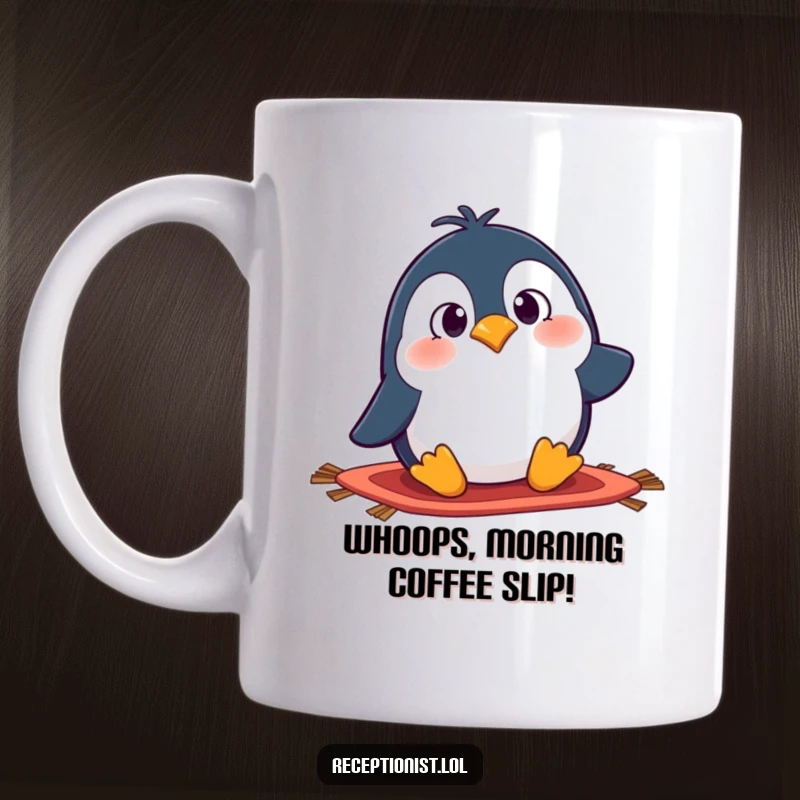 Funny penguin mug design showing a surprised cartoon penguin tripping hilariously over a rug, perfect for a good laugh.