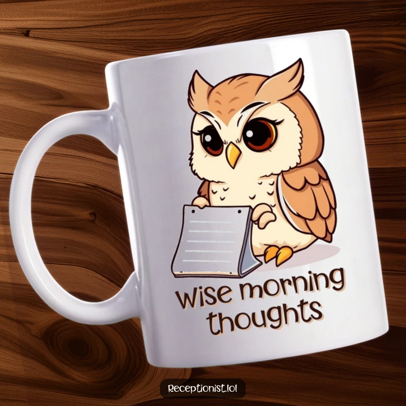 Funny Mug of a thoughtful owl peering intently at a notepad with a wise and serene expression, perfect for students and thinkers.