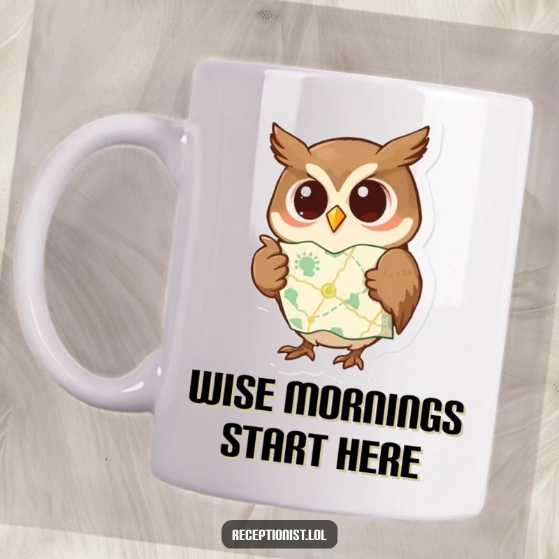 Funny mug featuring a curious owl pointing to a map with a wise expression, ideal for adventurers and knowledge seekers.