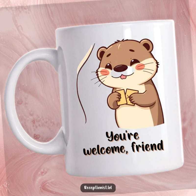 Funny giggling otter handing a visitor a welcome packet with a wink, perfect for a funny mug gift.
