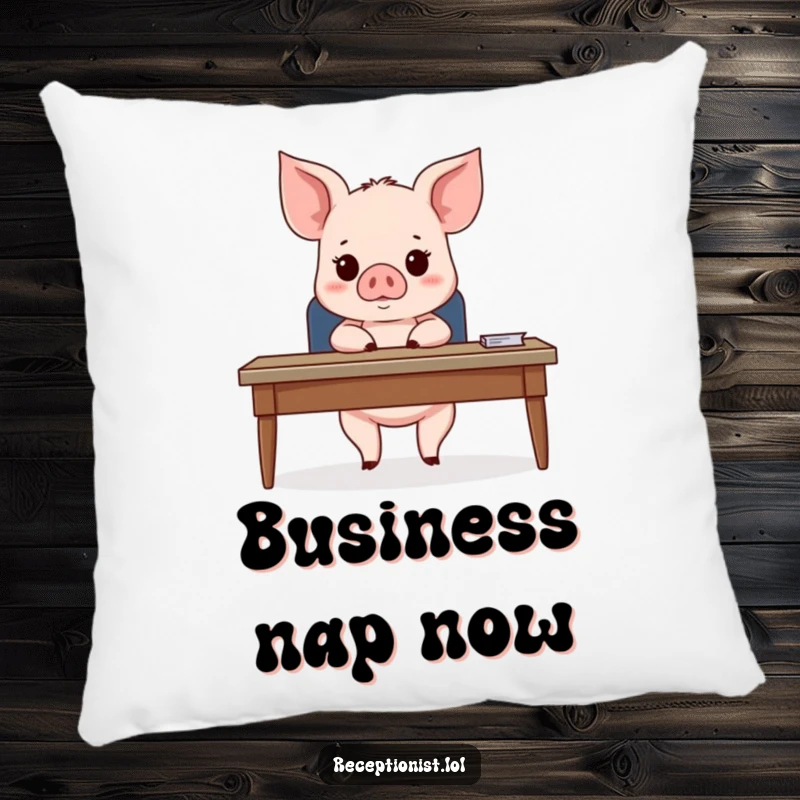 Funny Piglet Desk Companion Pillow featuring a cute piglet behind a desk, looking expectantly at an unseen guest, offering humorous comfort.