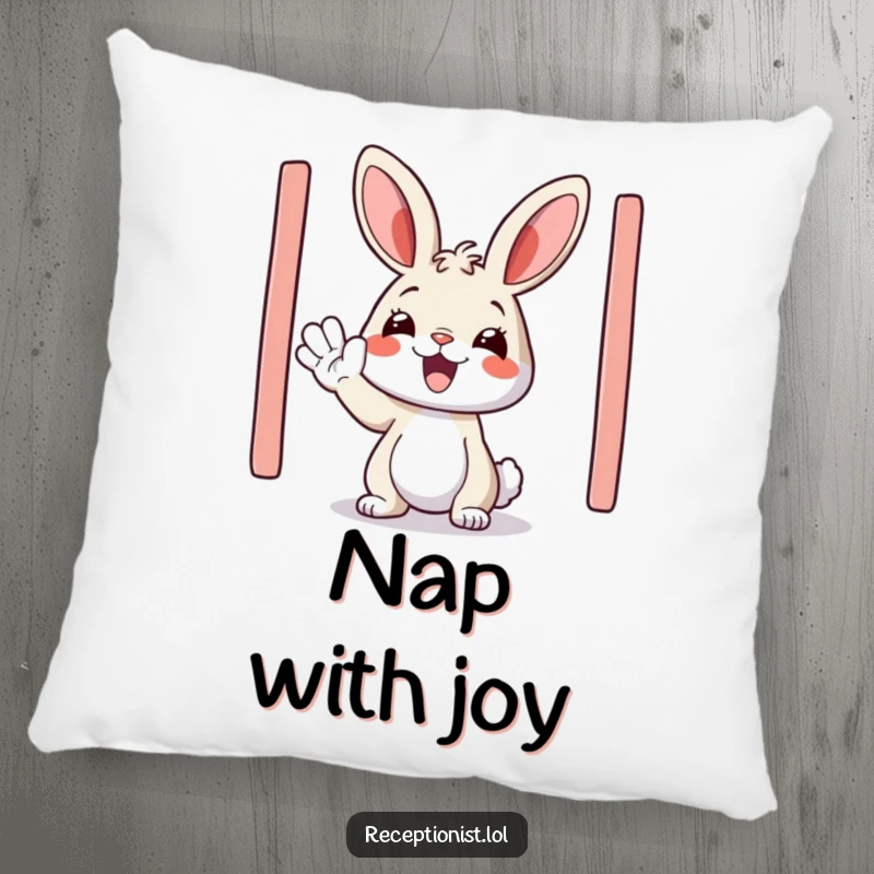 Funny pillow featuring a happy bunny enthusiastically waving, perfect for cozy and cheerful home decor.