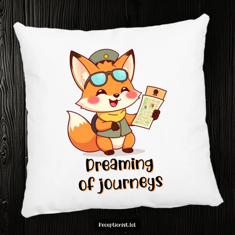 Funny fox receptionist pillow, soft cushion with a cheerful fox holding a map, ready to guide.