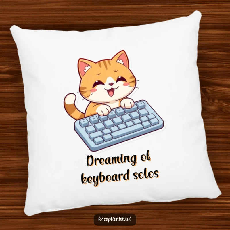 Funny cat character resting on a pillow, with a large keyboard motif, ideal for humorous home decor.