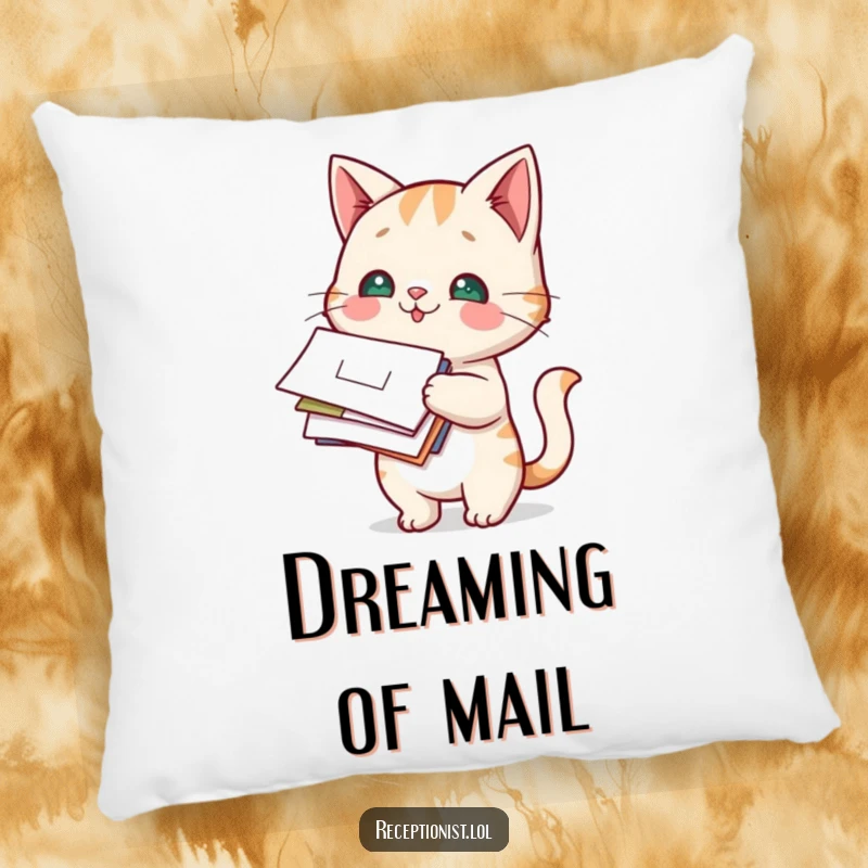 Funny Cat Mail Carrier Pillow featuring a curious cat holding a stack of letters and packages.