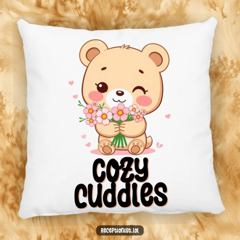 Funny bear cub pillow showing a sweet character holding a bouquet of flowers with a gentle smile, adding comforting humor and love to decor.