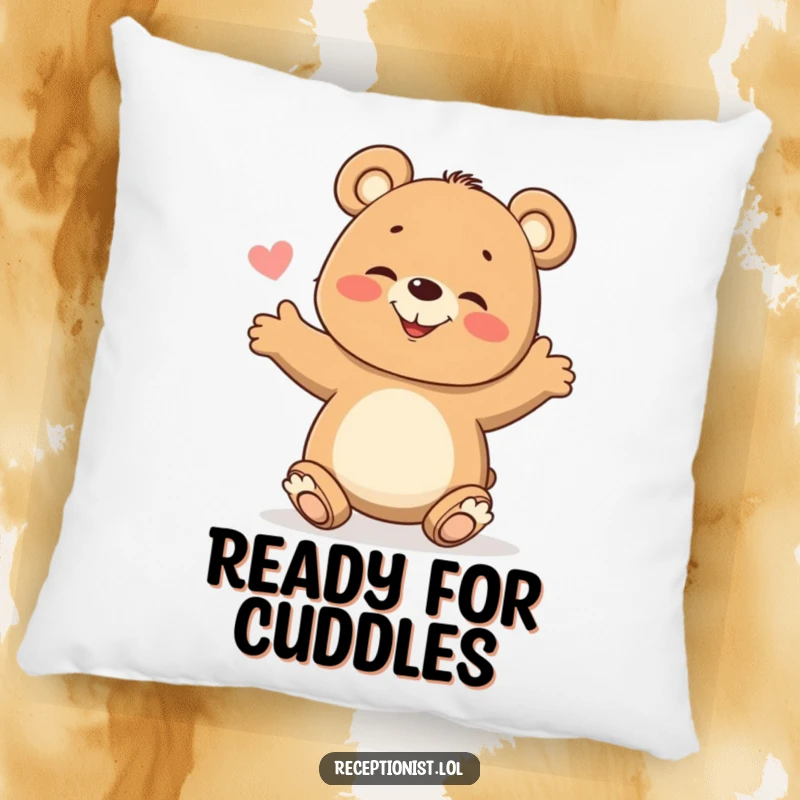 Funny Pillow featuring a plush bear cub sitting with arms open, giggling warmly, offering comfort and a cheerful welcome.