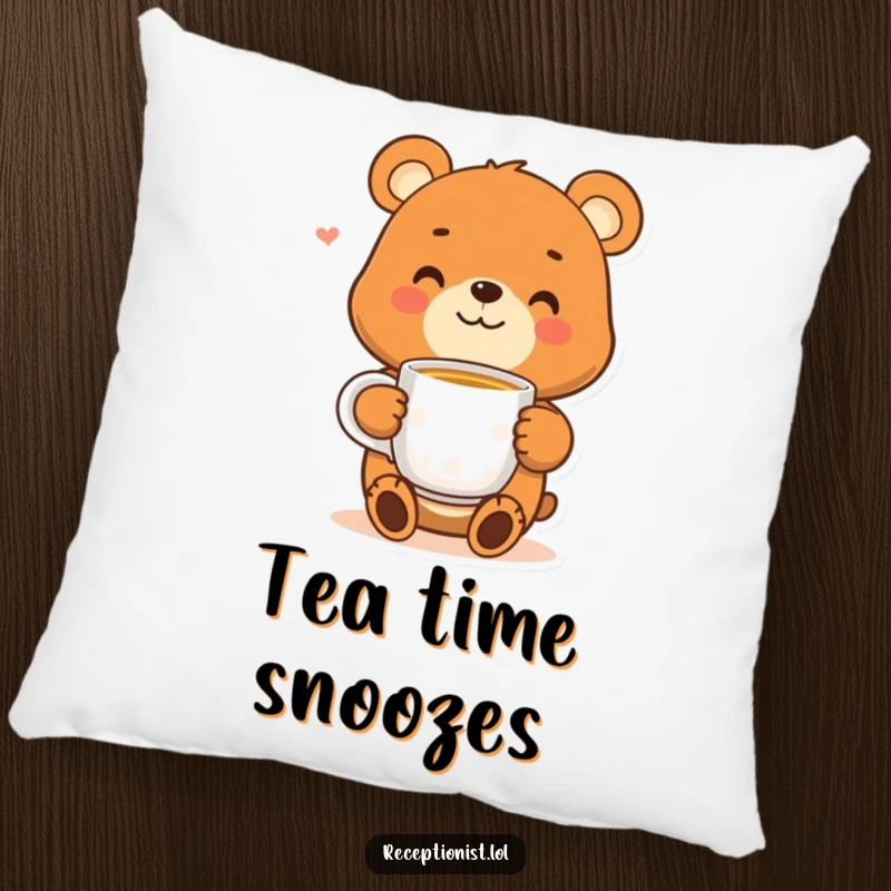 Funny bear pillow with a smiling character holding a warm cup of tea, perfect for adding a touch of cozy humor to sofas.