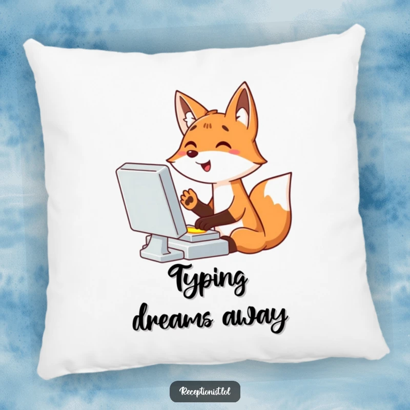 Funny giggling cartoon fox at a computer, paw over a button, soft decorative pillow, humorous home accent, tech-themed comfort.