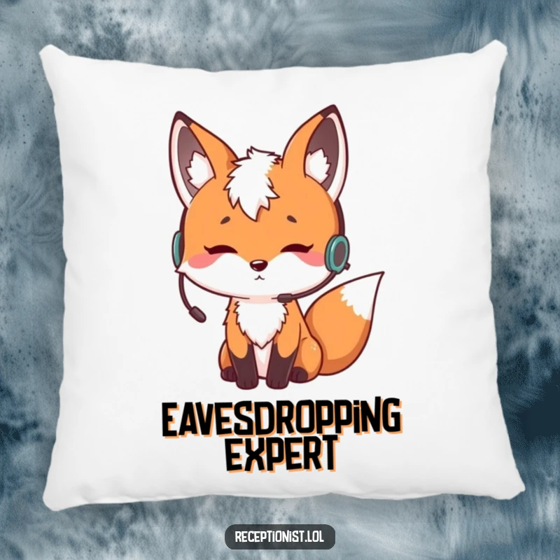 Funny curious fox wearing an earpiece and nodding thoughtfully, soft decorative pillow, humorous accent for couch or bed.