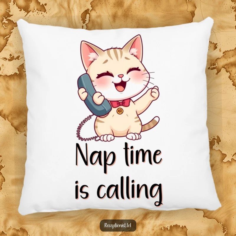 Funny giggling cat receptionist pillow, soft cushion showcasing a happy, winking cat answering calls with a smile.