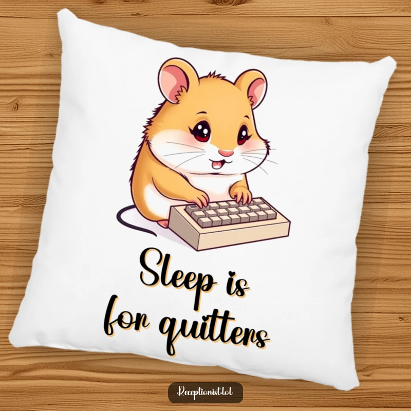 Funny hamster receptionist pillow, a determined hamster typing on a tiny keyboard with focused energy, soft and humorous decor.