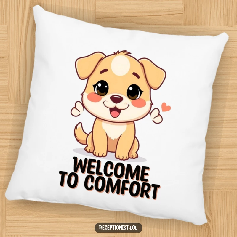 Funny accent pillow with a helpful dog character giving a warm nod, perfect for adding comfort and welcoming charm.