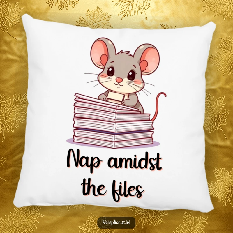 Funny mouse, name tag, organizing papers, resting on a soft pillow, bringing humorous comfort and desk-like order.