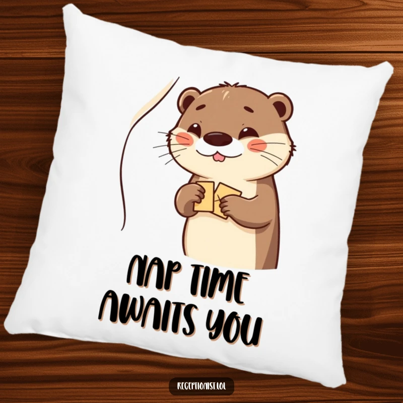 Funny otter winking and handing a packet, designed for a soft and humorous pillow.