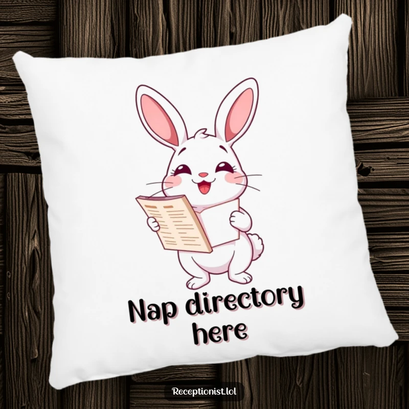 Funny delighted cartoon rabbit holding a directory, soft decorative pillow, humorous home accent, helpful and organized.