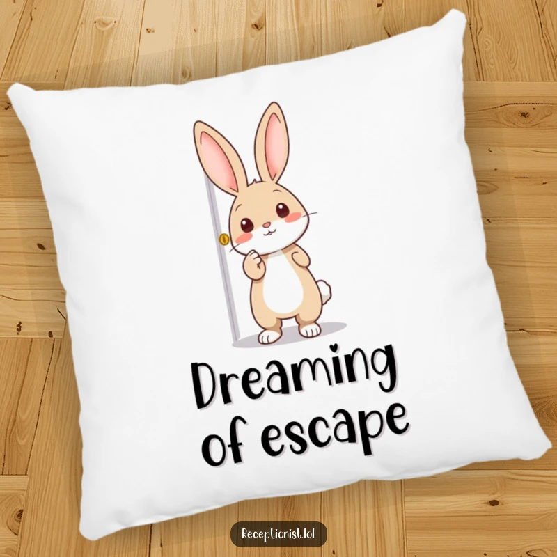 Funny pillow with an enthusiastic rabbit pointing towards a door, offering comfort and a touch of whimsical adventure.