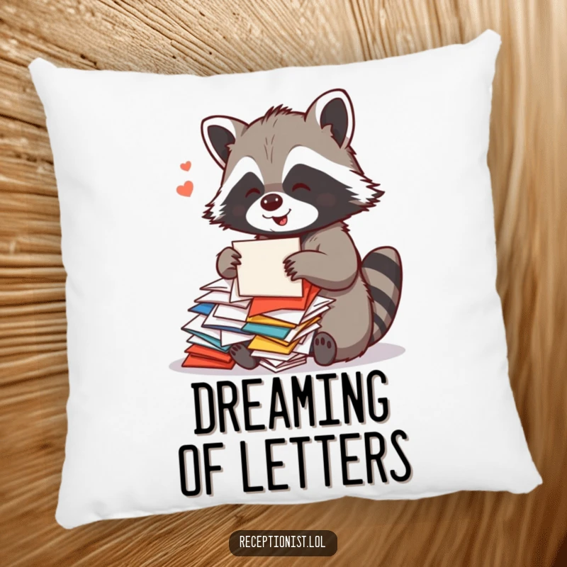 Funny Raccoon Mail Pillow featuring a playful raccoon sorting colorful mail with a cheerful hum, offering humorous and cozy organization.