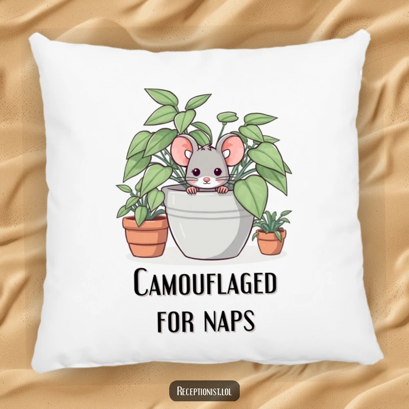 Funny accent pillow with a timid mouse character hiding behind a potted plant, perfect for adding gentle humor.