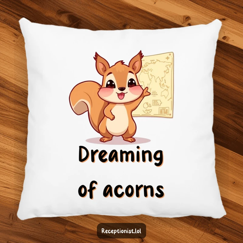 Funny Squirrel Travel Pillow featuring an enthusiastic squirrel pointing to a map on the wall, offering humorous comfort for journeys.